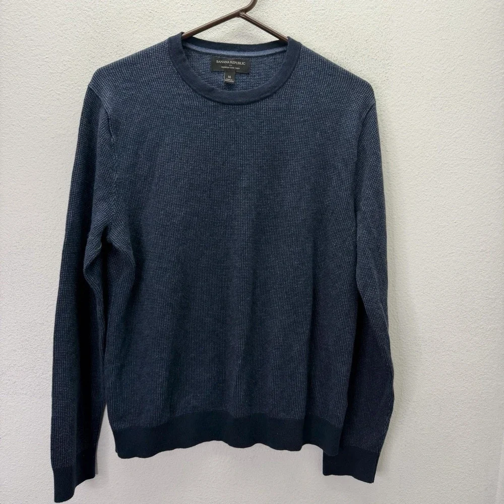 Banana Republic Sweater Men M Blue Stripe Premium Luxe Yarn Cotton Silk Cashmere
